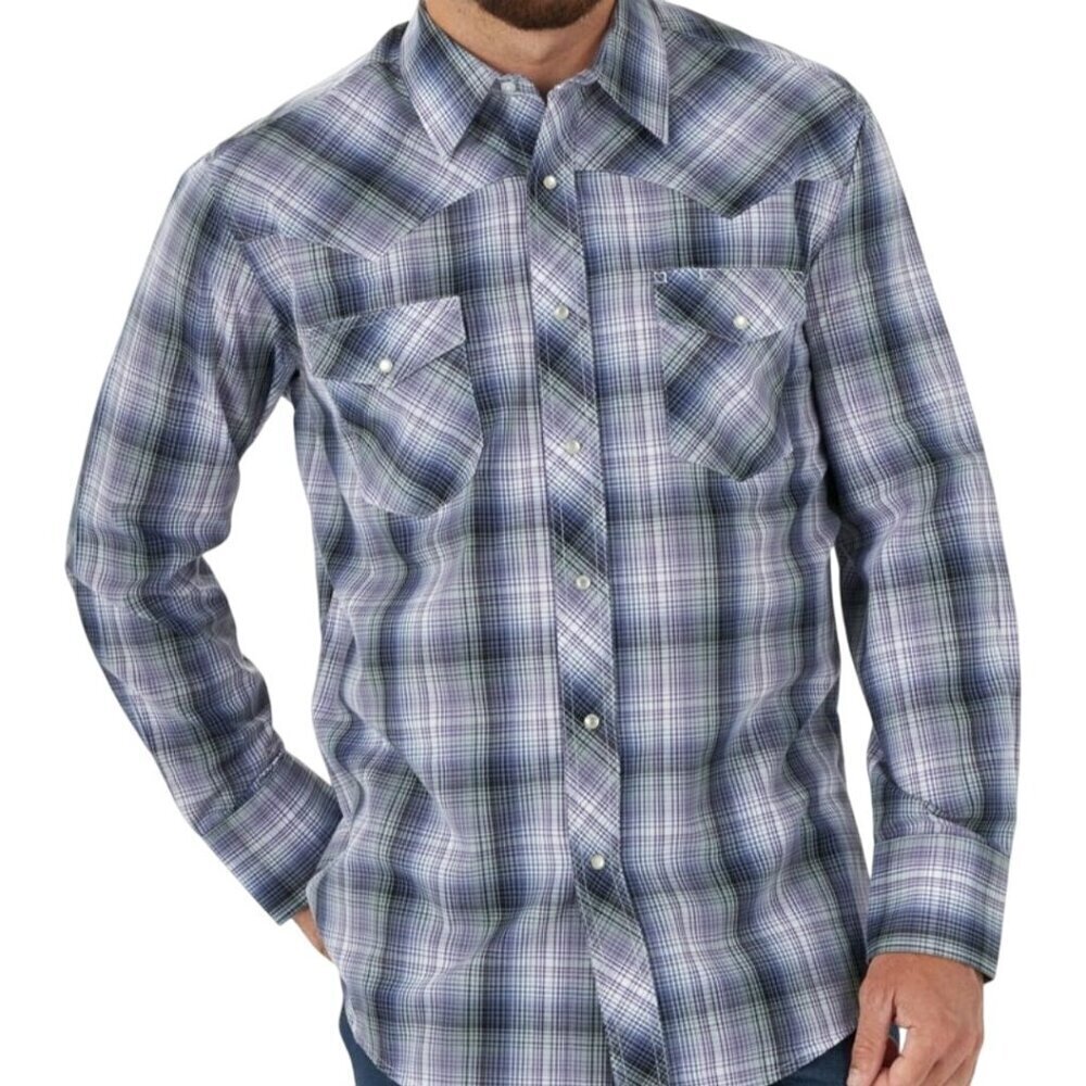 Wrangler Western Fashion Snap Shirt Blue Plaid Pearl Snap Country Rodeo Size L